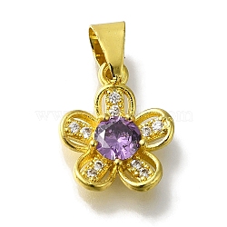 Flower Rack Plating Brass Micro Pave Cubic Zirconia Pendant, with Glass Rhinestone, Lead Free & Cadmium Free, Long-Lasting Plated, Golden, Dark Orchid, 15x12x4mm, Hole: 5x4mm(KK-H485-01G-03)