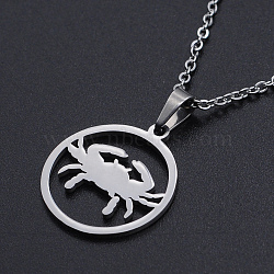 201 Stainless Steel Pendants Necklaces, with Cable Chains and Lobster Claw Clasps, Flat Round with Constellation/Zodiac Sign, Cancer, 15-3/4 inch(40cm), 1.5mm(NJEW-S105-JN626-4)