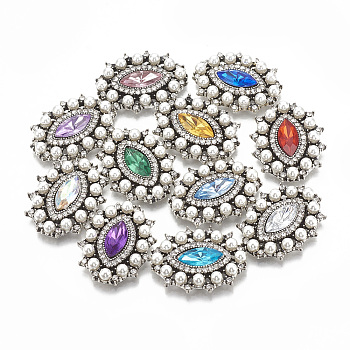 Alloy Flat Back Cabochons, with Rhinestone & Acrylic Rhinestone, ABS Plastic Imitation Pearl, Faceted, Oval, Antique Silver, Mixed Color, 31.5x25.5x5mm