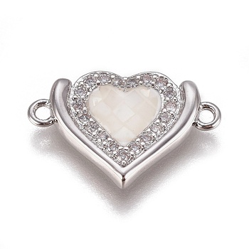 Brass Micro Pave Cubic Zirconia Links, with Shell, Heart, Platinum, 11.5x18x2.8mm, Hole: 1.2mm