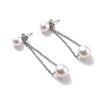 Long Chain with Round Plastic Pearl Dangle Stud Earrings, 304 Stainless Steel Drop Earrings for Women, Stainless Steel Color, 55x8mm, Pin: 0.7mm