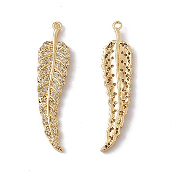 Brass Micro Pave Clear Cubic Zirconia Pendants, Feather Charm, Real 18K Gold Plated, 41.5x9.5x2.5mm, Hole: 1.5mm