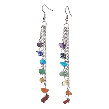 Chakra Natural & Synthetic Mixed Gemstomne Beaded Dangle Earrings, 316 Surgical Stainless Steel Chains Tassel Earrings, Chip, 106mm