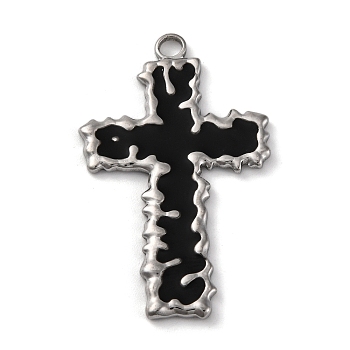 304 Stainless Steel Black Enamel Pendants, Cross Charm, Religion, Stainless Steel Color, 38x23.5x2mm, Hole: 2.5mm