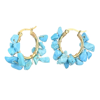 Synthetic Turquoise Chips Braided Hoop Earrings, 304 Stainless Steel Wire Wrap Jewelry for Women, 25~27x28~33x7~9mm, Pin: 0.6mm