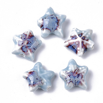 Handmade Porcelain Beads, Fancy Antique Glazed Porcelain, Starfish/Sea Stars, Light Sky Blue, 19~20x20.5~22.5x7.5~8.5mm, Hole: 2mm