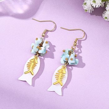 Fish Natural Shell & Natural Larimar Chips Dangle Earrings, with 304 Stainless Steel Hook, Golden, 53.5x11mm