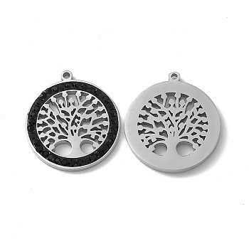 201 Stainless Steel Rhinestone Pendants, Flat Round with Tree of Life Pattern Charms, Jet, 16.5x15x1.5mm, Hole: 0.9mm