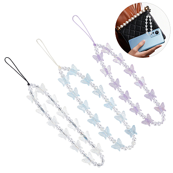 WADORN 3Pcs 3 Colors Mobile Phone Straps, Acrylic Butterfly Anti-lost Beaded Mobile Phone Rope Mobile Phone Chain, Mixed Color, 21cm, 1pc/color