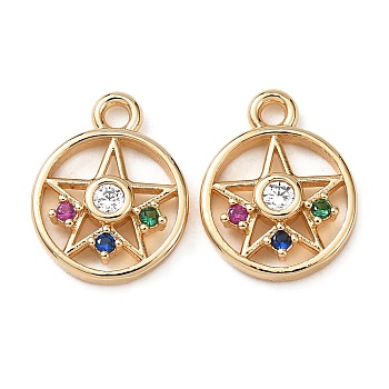 Brass with Cubic Zirconia Pendants, Ring with Star Charms, Colorful, Real 18K Gold Plated, 12x9.5x2.5mm, Hole: 1.4mm