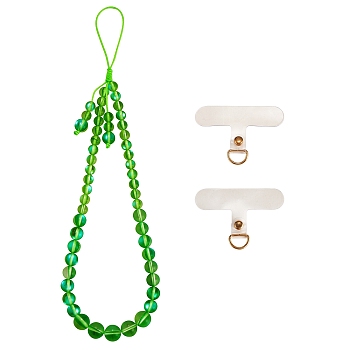 Round Synthetic Moonstone Beaded Mobile Straps, Nylon Cord with TPU Mobile Phone Lanyard Patch Mobile Accessories Decor, Spring Green, 23cm
