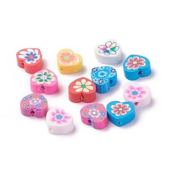 Handmade Polymer Clay Beads, Heart with Flower Pattern, Mixed Color, 7.5~10x8~10.5x4~5mm, Hole: 1.5mm