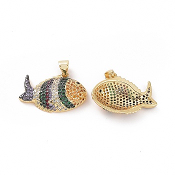 Brass Micro Pave Clear Cubic Zirconia Pendants, Fish, Colorful, 24x16.5x5mm, Hole: 3.5x5mm