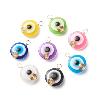 Transparent Evil Eye Resin Pendants, with Copper Wire Wrapped, Mixed Color, Flat Round Charm, Light Gold, 27~27.5x20x9mm, Hole: 4~4.5mm