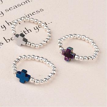 Cross Non-Magnetic Synthetic Hematite Beaded Stretch Rings, Mixed Color, 20mm
