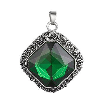 Tibetan Style Alloy Pendants, with Glass Cabochons, Rhombus, Antique Silver, Green, 43x38x10mm, Hole: 5x6mm