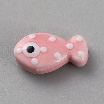 Handmade Porcelain Beads, Hand Painted Ceramic Beads, Fish, Pink, 19.5x11x6.5mm, Hole: 2mm