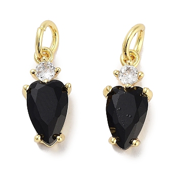 Brass Micro Pave Cubic Zirconia Charms, with Jump Ring, Heart, Real 18K Gold Plated, Black, 13x6x3mm, Hole: 3mm