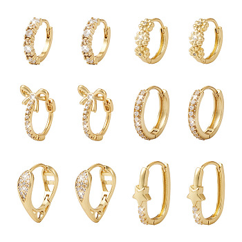 6Pairs 6 Styles Cubic Zirconia Hoop Earrings, Flower & Heart & Star & Ring Brass Earrings for Women, Golden, 14~18x3~5mm, Pin: 0.7~1mm, 1pair/style