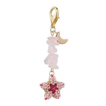 TOHO Seed Pendant Decorations, with Natural Rose Quartz Beads and Pointed Back & Back Plated K9 Glass Rhinestone Cabochons, Zinc Alloy Lobster Claw Clasps, Star, 65~66mm, Pendants: 49~50x18~19x6~7mm