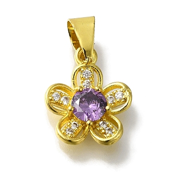 Flower Rack Plating Brass Micro Pave Cubic Zirconia Pendant, with Glass Rhinestone, Lead Free & Cadmium Free, Long-Lasting Plated, Golden, Dark Orchid, 15x12x4mm, Hole: 5x4mm