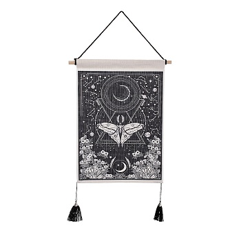 Bohemia Style Cloth Wall Hanging Tapestry, Vertical Tapestry, with Wood Rod & Iron Traceless Nail & Cord, for Home Decoration, Rectangle, Moon Pattern, 850mm