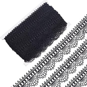 15 Yards Polyester Stitchwork Lace, Wavy Ribbon, DIY Garment Accessories, Flat, with 1Pc Thread Bobbins White Cards, Black, 1-1/2 inch(38mm)