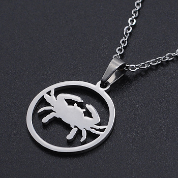 201 Stainless Steel Pendants Necklaces, with Cable Chains and Lobster Claw Clasps, Flat Round with Constellation/Zodiac Sign, Cancer, 15-3/4 inch(40cm), 1.5mm