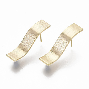 Brass Stud Earring Findings, with Loop, Nickel Free, Rectangle, Real 18K Gold Plated, 29x7.5mm, Hole: 2.5mm, Pin: 0.7mm