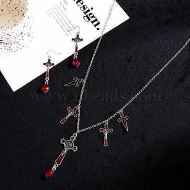 FireBrick Enamel Crucifix Cross with Plastic Teardrop Pendant Necklace & Dangle Earrings(SJEW-G081-02AS)-8