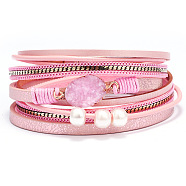 PU Leather Multi-strand Bracelets, with Acrylic Pearl Beads, Wax Polyester Cords and Alloy Findings, Pink, 15 inch(38cm), 15mm(BJEW-F352-04G-01)