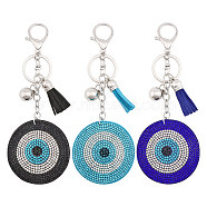 3Pcs 3 Colors Mcrofibre Handmade Turkish Evil Eye Rhinestone Pendant Keychain with Tassel Charm, for Handbag Backpack Car Key Decoration, Mixed Color, 15.8cm, 1pc/color(KEYC-GL0001-10)