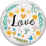 Handmade Porcelain Pendants, Flat Round with Word Love, Yellow Green, 75x2mm(PORC-WH0005-016)