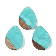 Resin & Wood Pendants, Teardrop Charms, Aquamarine, 35.5x26.5x3mm, Hole: 2mm(WOOD-F015-07F)