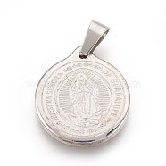 Non-Tarnish 304 Stainless Steel Lady of Guadalupe Pendants, Flat Round with Virgin Mary, Stainless Steel Color, 20.5x18x2.5mm, Hole: 4x5mm(STAS-F185-02P)