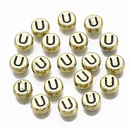 Plating Acrylic Beads, Horizontal Hole, Flat Round with Letter, Golden Plated, Black, Letter.U, 7x4mm, Hole: 1.2mm.(X-PACR-CD0001-U)