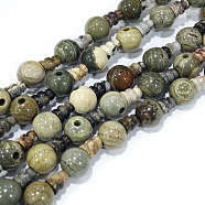 Natural Silver Leaf Jasper 3-Hole Guru Bead Strands, for Buddhist Jewelry Making, T-Drilled Beads, 16.5~18mm, Hole: 2~3mm, 2pcs/set, 10sets/strand, 6.5 inch(G-K149-29)