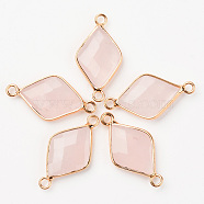 Natural Rose Quartz Links, with Light Golden Plated Edge Brass Loops, Rhombus, Faceteded, 30x15.5x4.5mm, Hole: 2mm(G-R464-004B)