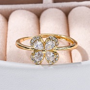 Rack Plating Brass Micro Pave Cubic Zirconia AdjustableFinger Rings for Women, Long-Lasting Plated, Clover, Clear, Inner Diameter: 18mm, Flower: 10x10mm.(RJEW-M028-96A-G)