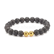 Natural Lava Rock Round Beaded Stretch Bracelet with Alloy, Essential Oil Gemstone Jewelry for Women, Inner Diameter: 2-1/8 inch(5.3cm)(BJEW-JB08009)