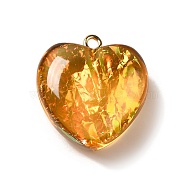 Transparent Resin Pendants, Heart Charms, with Gold Foil and Golden Tone Iron Loops, Orange, 23.5~24x22x11~12mm, Hole: 2mm(RESI-F035-02C)