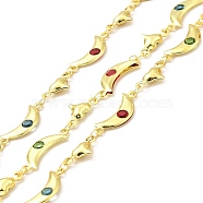 Handmade Brass Glass Link Chain, Soldered, with Spool, Heart & Moon, Cadmium Free & Lead Free, Real 18K Gold Plated, Moon: 18x7x2mmm, Heart: 12x6.5x3mm(CHC-I045-23G)