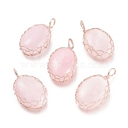 Natural Rose Quartz Pendants, Wire Wrapped Pendants, with Rose Gold Plated Brass Wire, Oval, 42.5x23x10mm, Hole: 5x7mm(G-K305-B05-RG)
