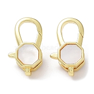 Rack Plating Brass Lobster Claw Clasps, with Natural Shell, Cadmium Free & Lead Free, Long-Lasting Plated, Octagon, Real 18K Gold Plated, 18x10x5.5mm, Hole: 3x1.5mm(KK-F858-05G)