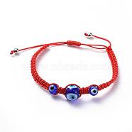Adjustable Nylon Thread Braided Bead Bracelets, with Handmade Lampwork Evil Eye Beads and 304 Stainless Steel Smooth Round Spacer Beads, Red, 1-7/8 inch~3-3/8 inch(4.7~8.4cm), 4mm(BJEW-JB04459-02)