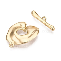 Brass Toggle Clasps, Heart, Real 18K Gold Plated, 19.5x15.5x2.5mm, Hole: 1.2mm, Bar: 4x18x3mm, Hole: 1.2mm(KK-N254-148G)