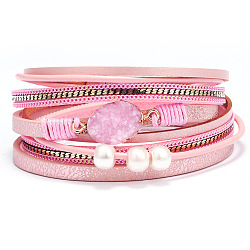 PU Leather Multi-strand Bracelets, with Acrylic Pearl Beads, Wax Polyester Cords and Alloy Findings, Pink, 15 inch(38cm), 15mm(BJEW-F352-04G-01)