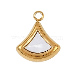 304 Stainless Steel Pave Synthetic Shell Fan Charms, White, Golden, 14x12x4mm, Hole: 1.8mm(STAS-P402-03A-G)