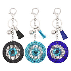3Pcs 3 Colors Mcrofibre Handmade Turkish Evil Eye Rhinestone Pendant Keychain with Tassel Charm, for Handbag Backpack Car Key Decoration, Mixed Color, 15.8cm, 1pc/color(KEYC-GL0001-10)