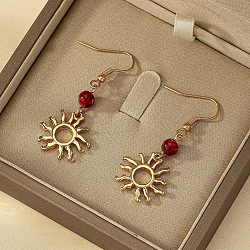 Natural Carnelian Dangle Earrings, with Alloy Findings, Sun, Golden, Dark Red, 50x20mm(FS-WGC0479-01)